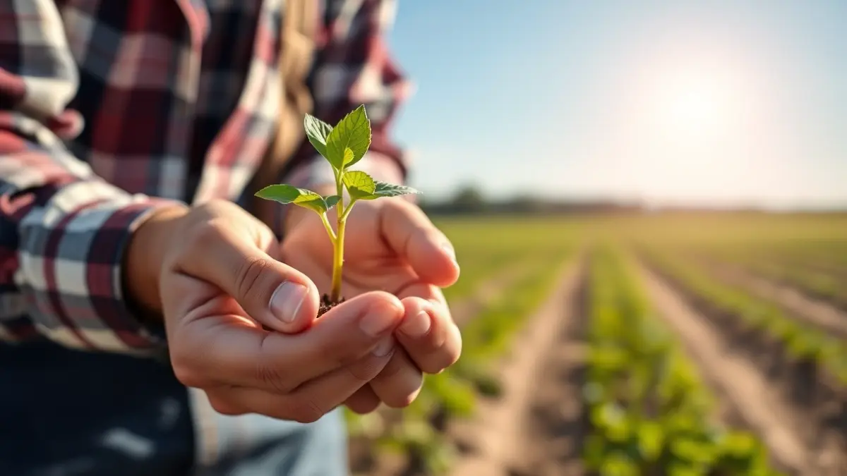 Generic image of a young farmer's hands holding a plant, with cultivated fields in the background.