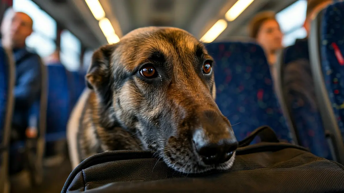 Image of a police dog detecting drugs in a backpack inside a bus.