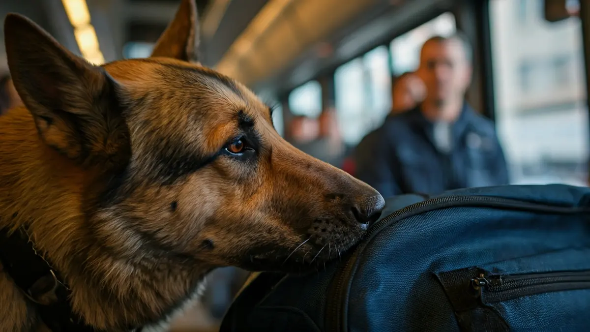 Imatge d'un gos policia detectant drogues en una motxilla dins d'un autobús.