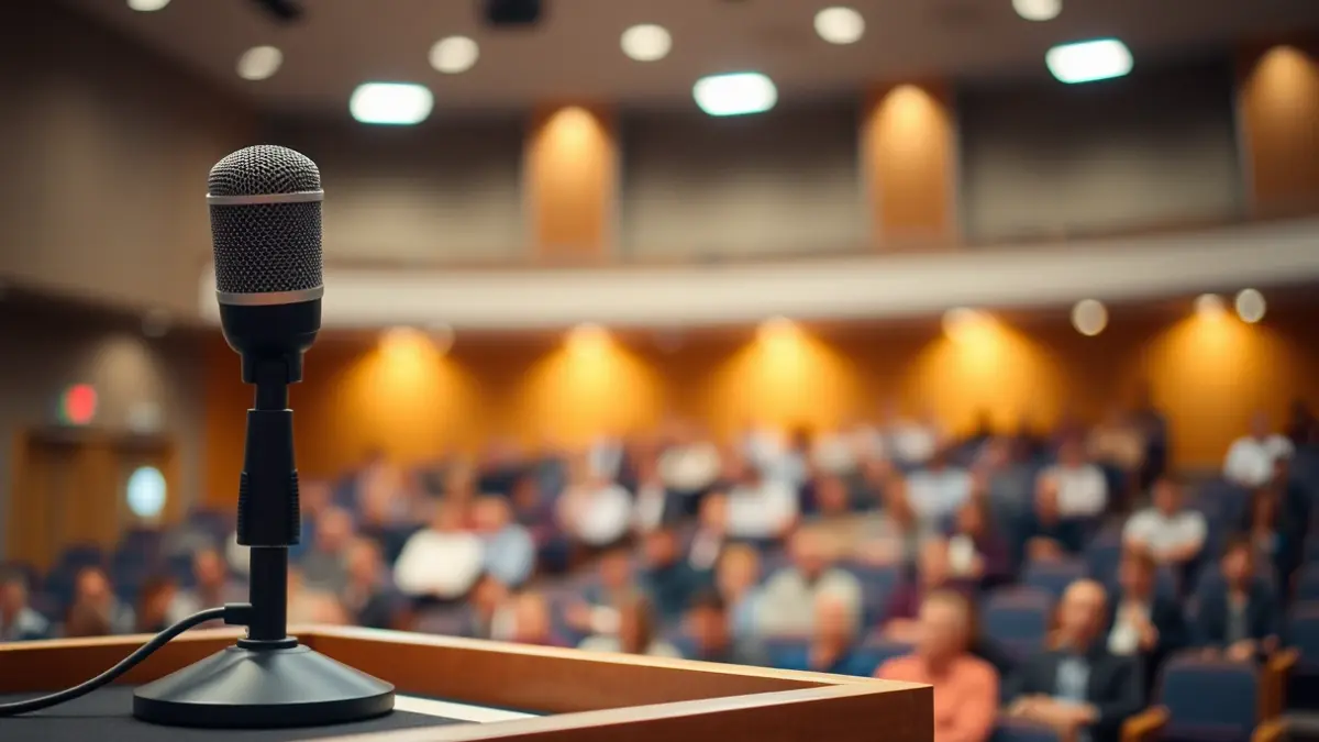 Imagen genérica de un micrófono en un podio en un aula universitaria.