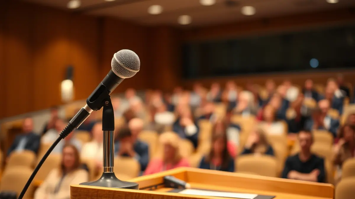 Generic image of a microphone on a podium in a university lecture hall.