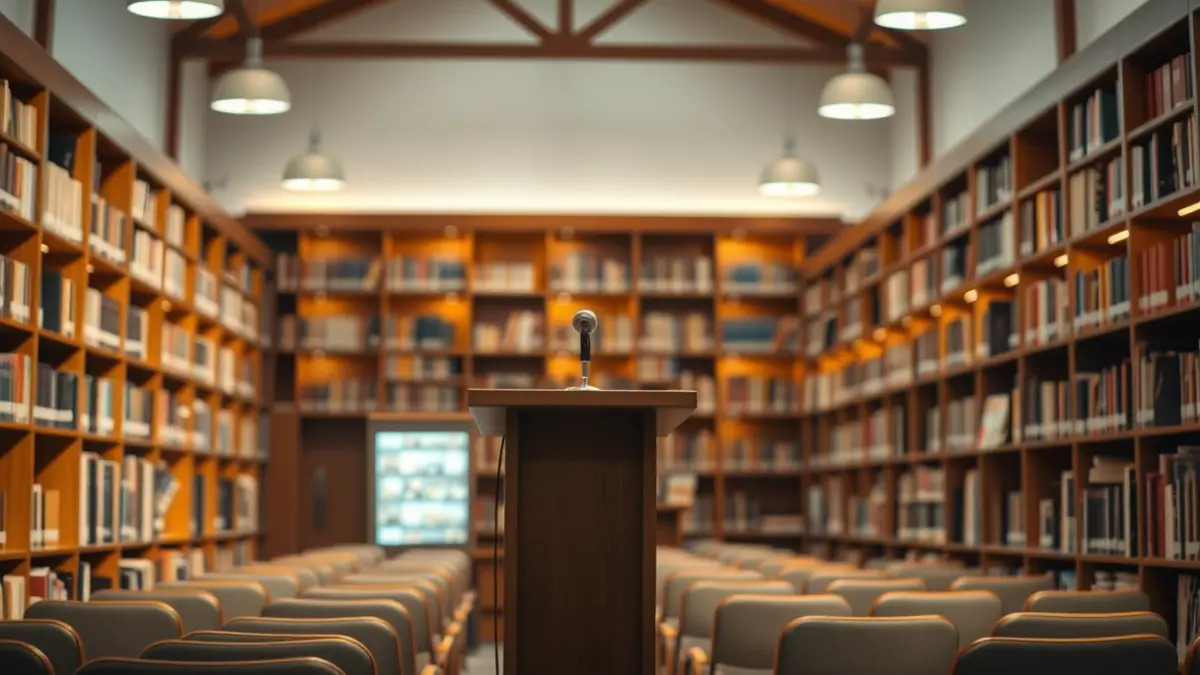 Imatge genèrica d'una sala d'exposicions o biblioteca amb un podi i cadires buides, il·luminació càlida.