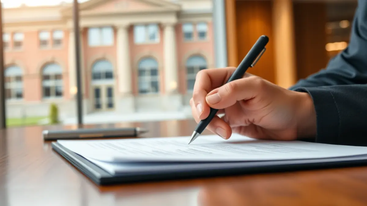 Imagen genérica de una mano firmando un documento en un entorno universitario.