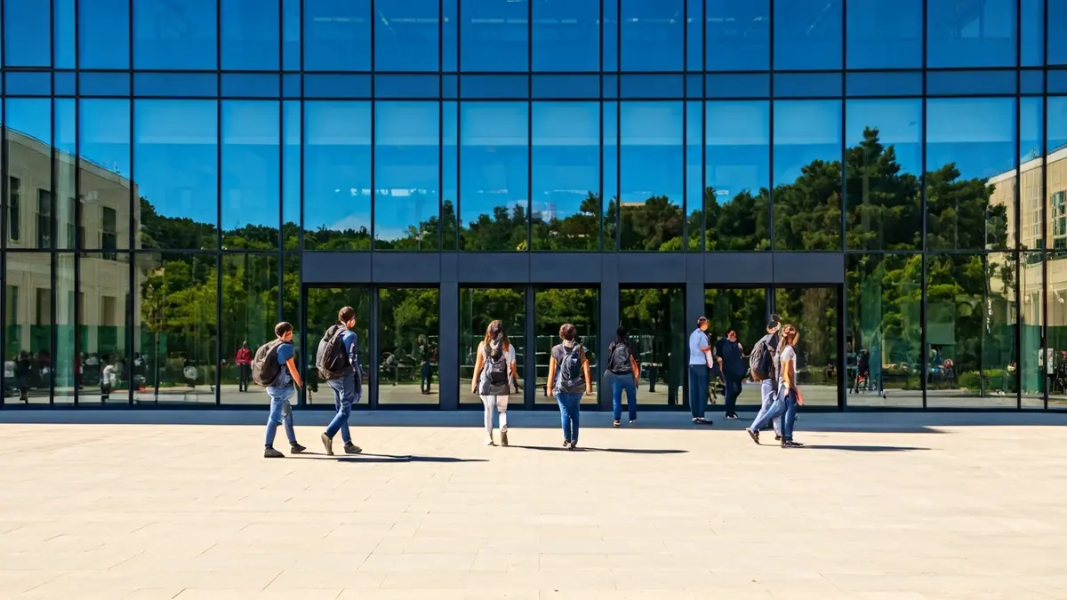 Imagen de la fachada de un edificio universitario moderno con grandes ventanales de cristal y estudiantes caminando.