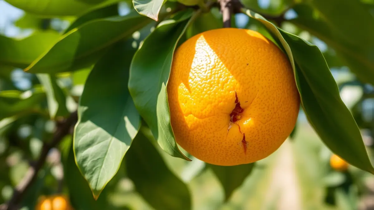 Imatge d'una taronja amb una clivella en la pell, en un arbre, sota el sol.