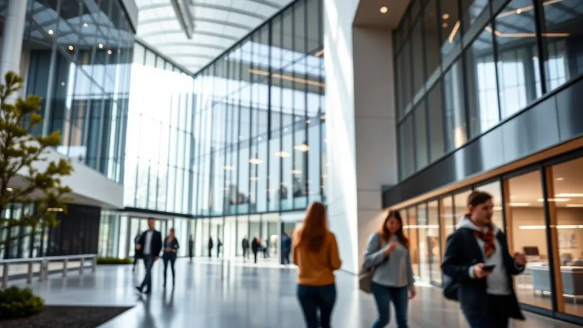 Generic image of a modern university building with large glass windows and an innovative atmosphere, with students working in the background.