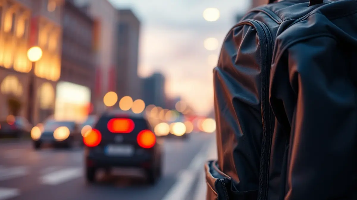 Generic image of a delivery backpack in an urban setting at dusk.