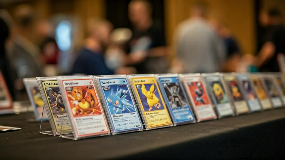 Imatge de diverses cartes de futbol i Pokémon exposades en una taula, algunes en fundes de plàstic, amb mans de col·leccionistes desenfocades al fons.