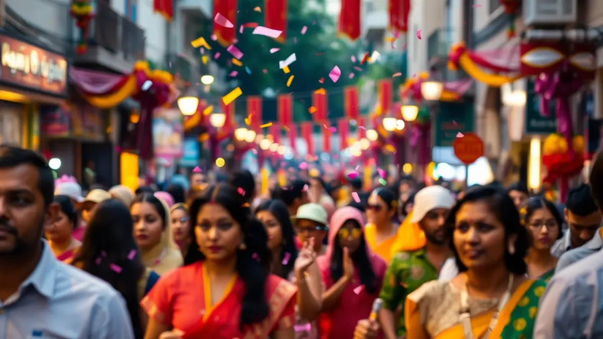 Imagen de un desfile intercultural con gente y confeti en el aire, representando la diversidad cultural.