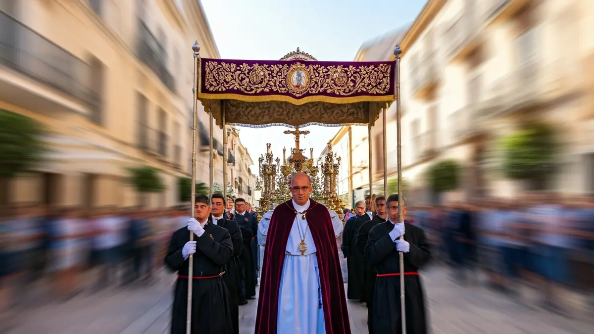 Image of a traditional religious procession in a Mediterranean town, with blurred figures and morning light.