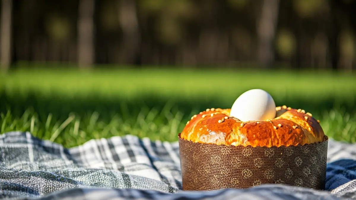 Image of a 'mona de Pascua' cake with a hard-boiled egg in the center, on a picnic blanket in a natural setting.