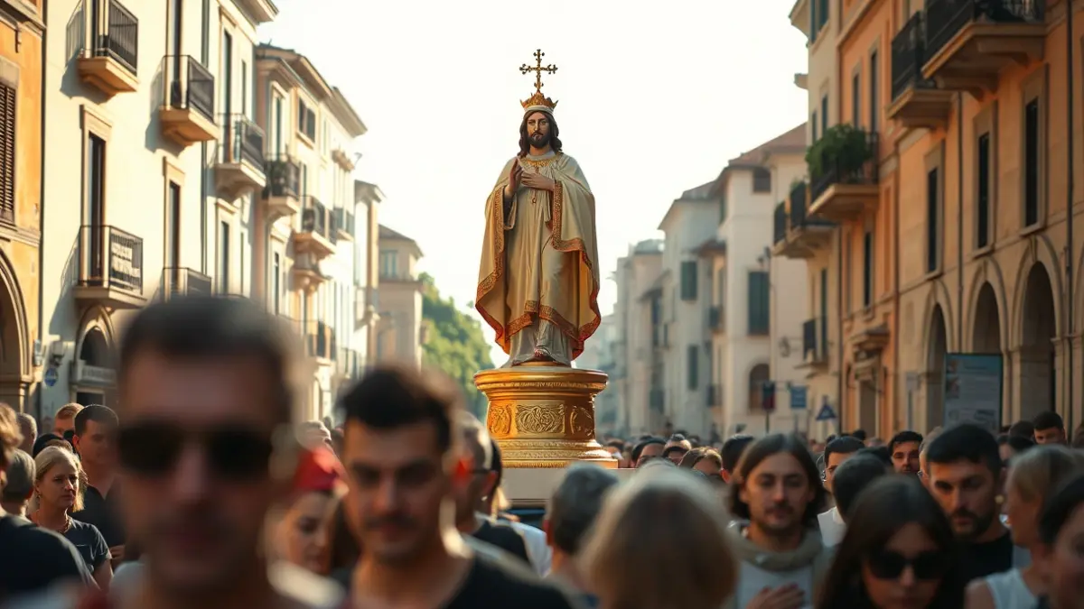 Imatge d'una processó religiosa en un carrer de la ciutat, amb una estàtua gran portada per figures borroses.