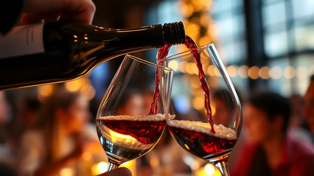 Imagen genérica de copas de vino llenándose en un ambiente festivo.