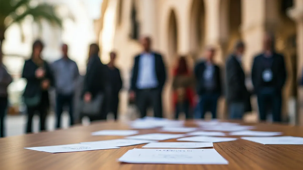 Generic image of people participating in an open discussion, with anonymous suggestion cards on a table.