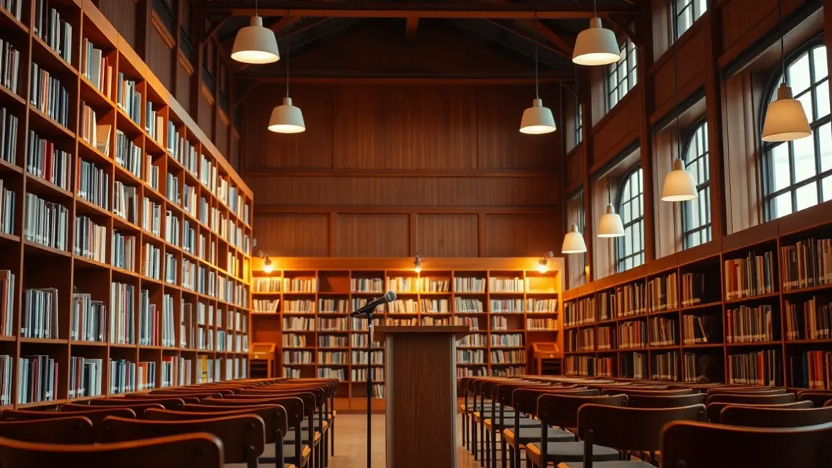 Imatge genèrica d'una sala de presentacions de llibres amb prestatgeries i un faristol.