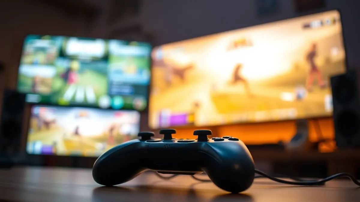 Generic image of a video game controller with blurred screens in the background.