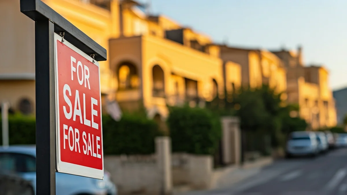 Imatge genèrica d'un cartell de 'es ven' en un barri residencial.