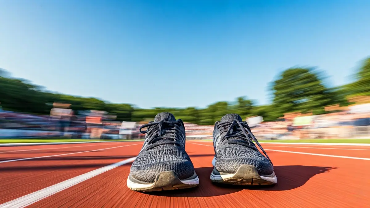 Imatge genèrica de sabatilles de córrer en una pista d'atletisme amb una multitud borrosa al fons.