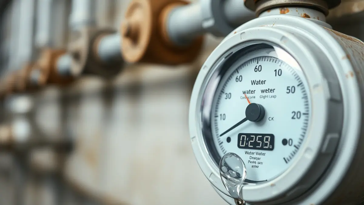 Generic image of a water meter with blurred pipes in the background, showing a high reading and a small leak.