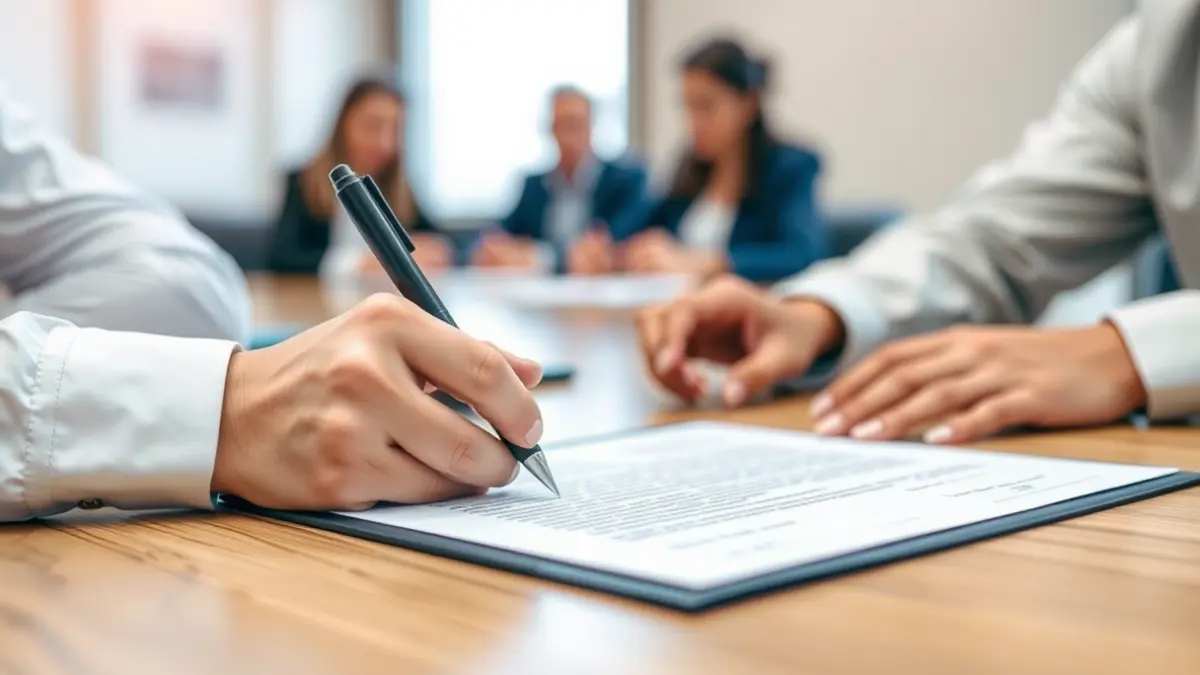Generic image of hands signing a document on a wooden desk, with blurred figures in the background.