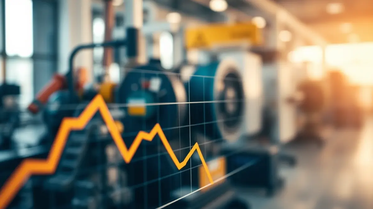 Imatge genèrica d'un gràfic financer amb tendència a la baixa i maquinària industrial desenfocada al fons.