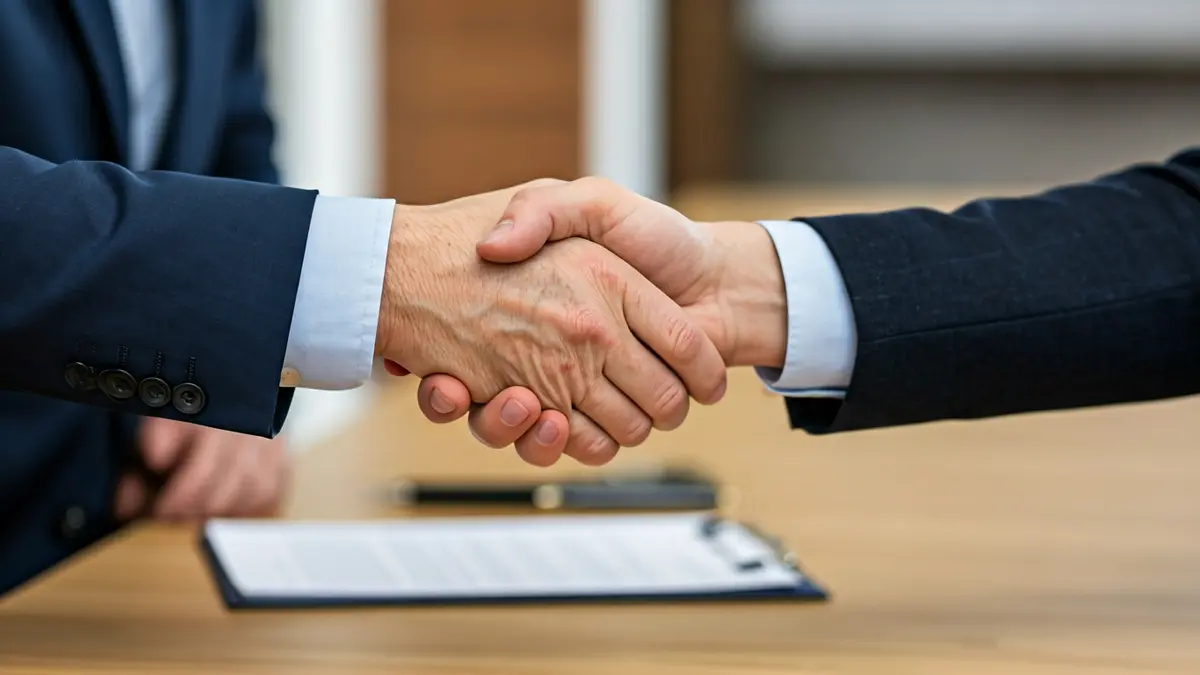 Generic image of two hands shaking over documents, symbolizing new employment opportunities.