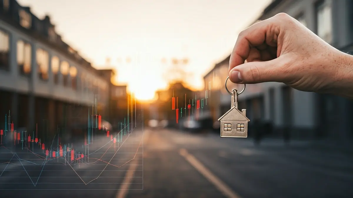 Imatge genèrica d'una mà sostenint una clau amb forma de casa, amb edificis i un gràfic financer de fons.