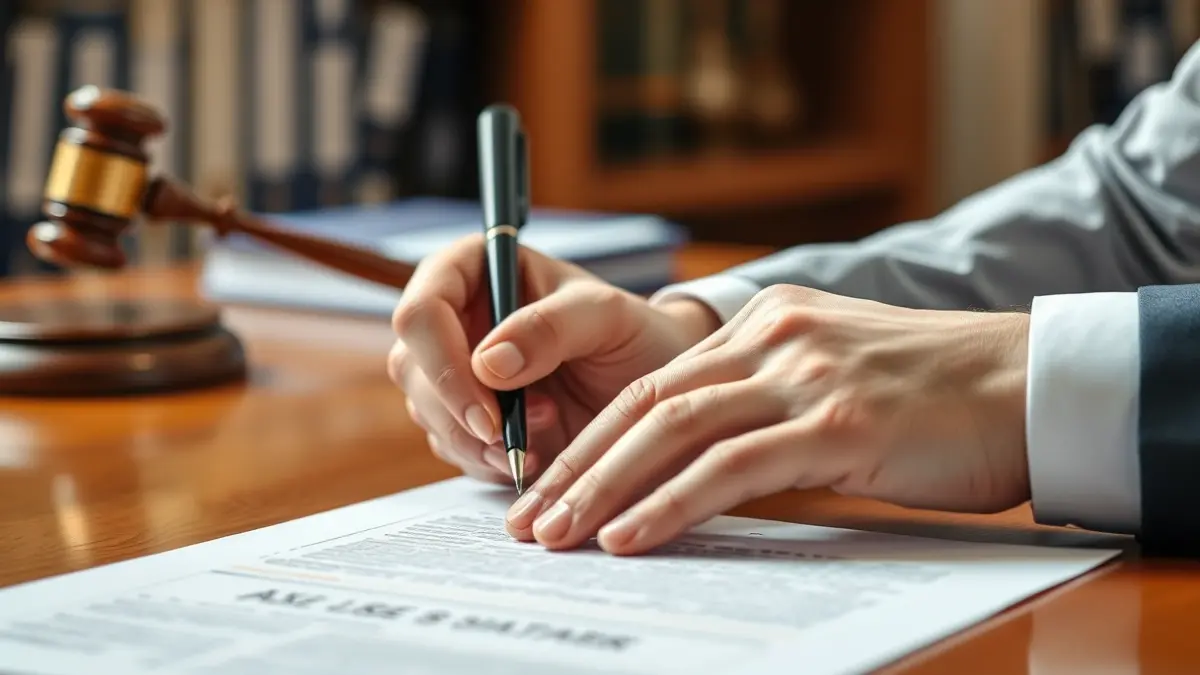 Imagen genérica de manos firmando un documento en una mesa de madera, con libros de derecho desenfocados al fondo.