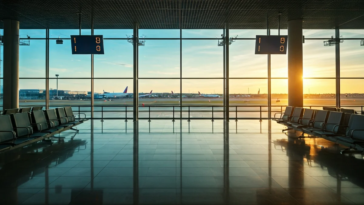 Imatge genèrica d'una terminal d'aeroport buida a l'alba.
