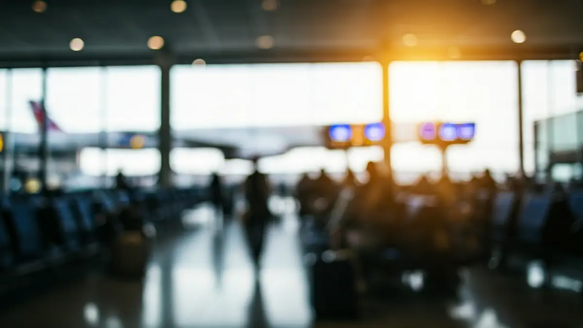 Generic image of an airport terminal interior with passengers and luggage.