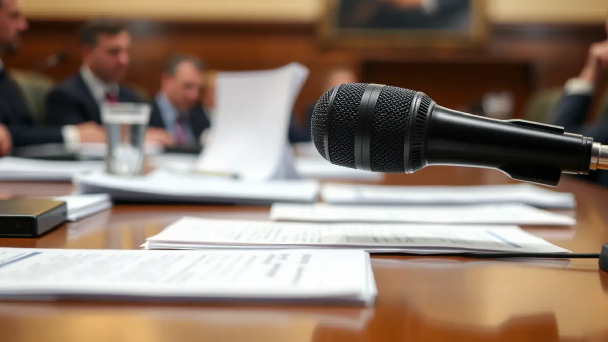 Imatge genèrica d'un micròfon en un faristol, amb documents desenfocats en una taula, suggerint una reunió política.