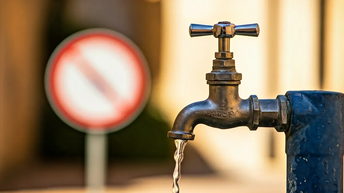 Image of a tap with water, with a blurred sign indicating 'Not Potable'.