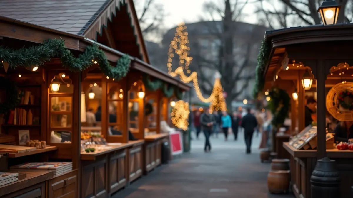 Generic image of wooden stalls in a Christmas market, with festive decorations and warm lights.