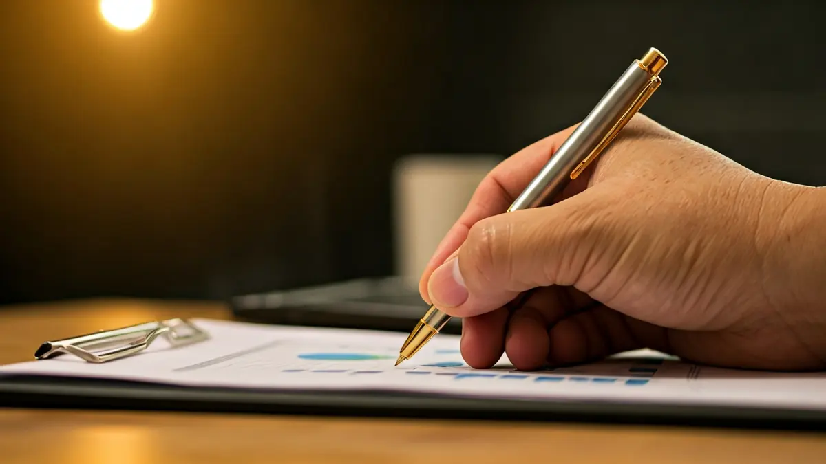 Generic image of a hand with a pen over a financial report, symbolizing economic management.