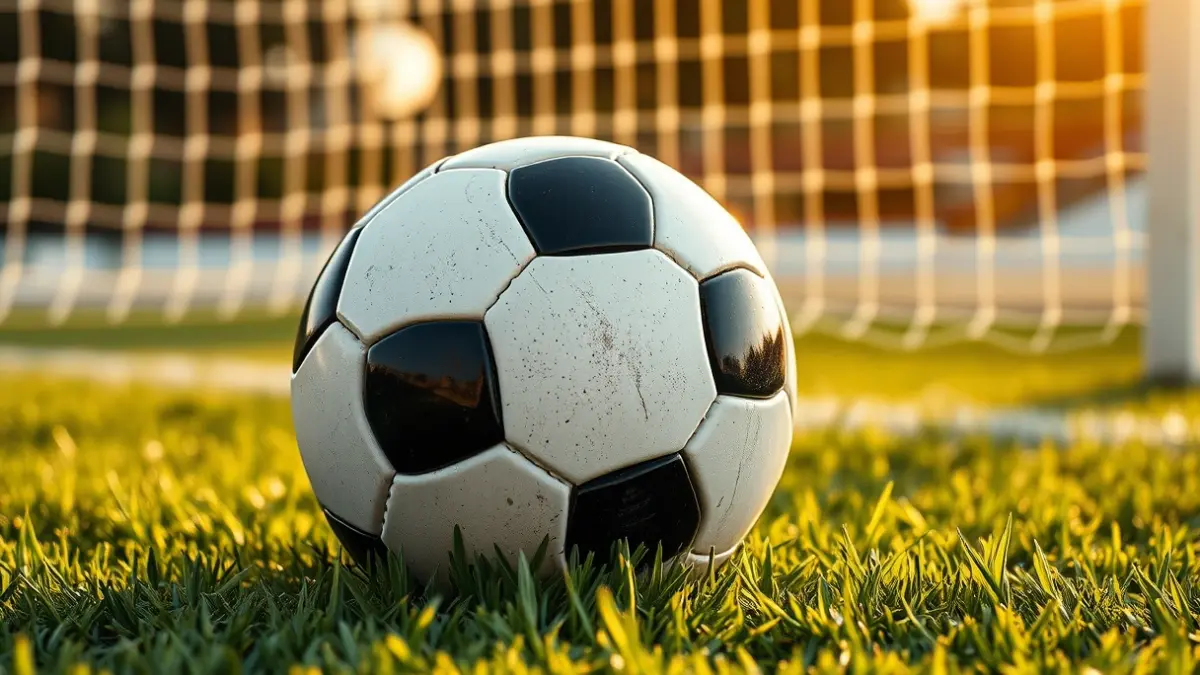 Imatge genèrica d'una pilota de futbol en la gespa d'un camp, amb la porteria desenfocada al fons.