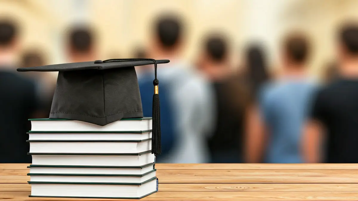 Imatge genèrica d'una pila de llibres universitaris i un birret de graduació en un escritori de fusta, amb figures borroses d'estudiants al fons.