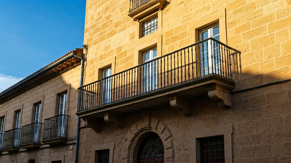 Finestrat town hall facade with balcony and iron railings, bathed in afternoon sunlight.