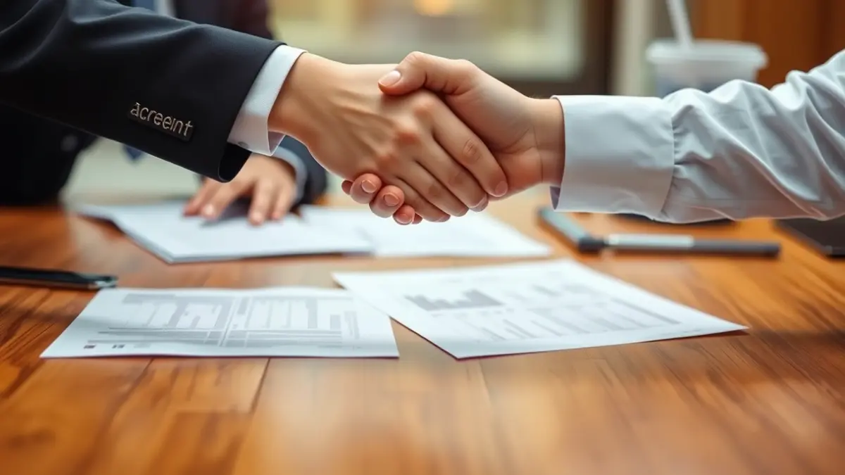 Generic image of two hands shaking over paperwork, symbolizing agreement or collaboration.