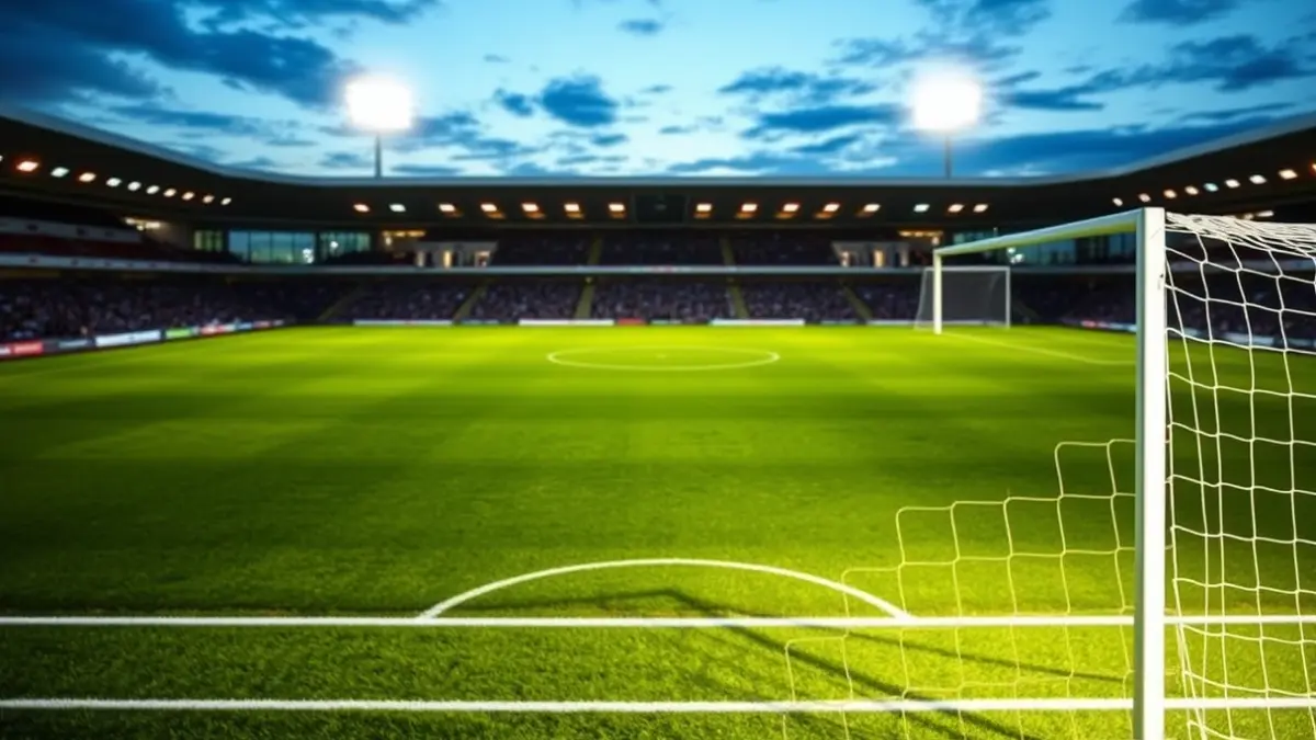 Imatge genèrica d'un estadi de futbol al capvespre, amb els focus il·luminant el camp buit.