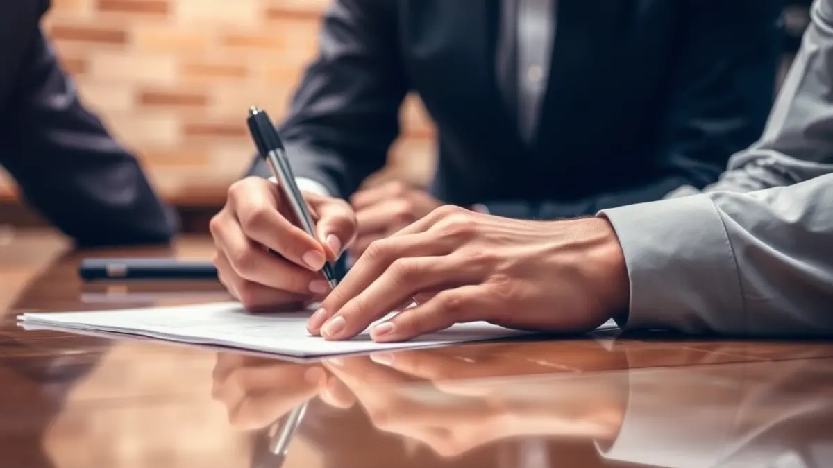 Image of hands signing a document on a conference table, with blurred ceramic tiles in the background.