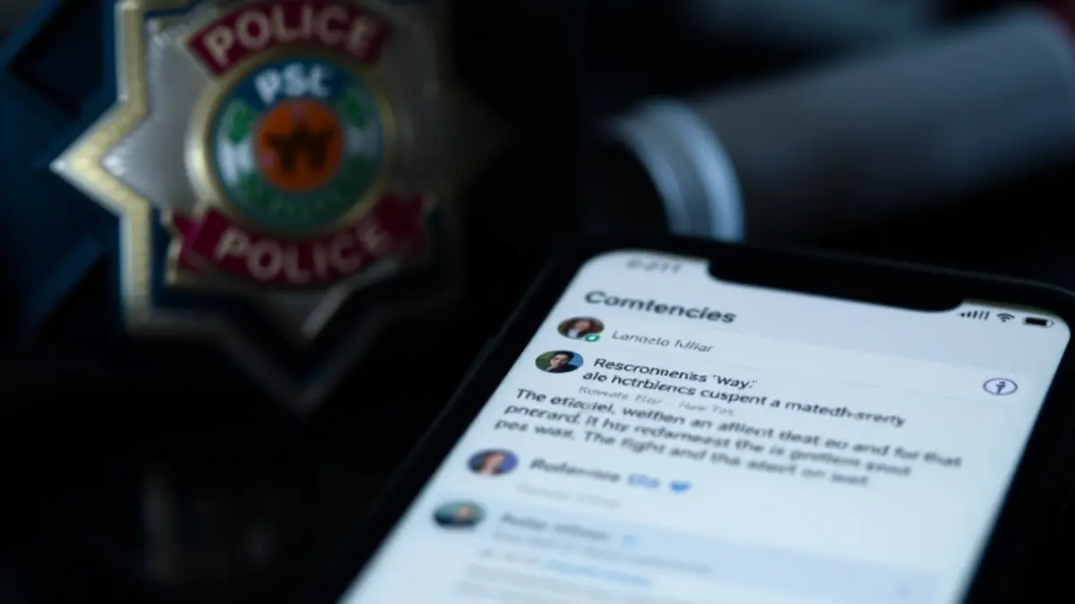 Imatge genèrica d'una pantalla de mòbil amb comentaris de xarxes socials i un emblema policial al fons.