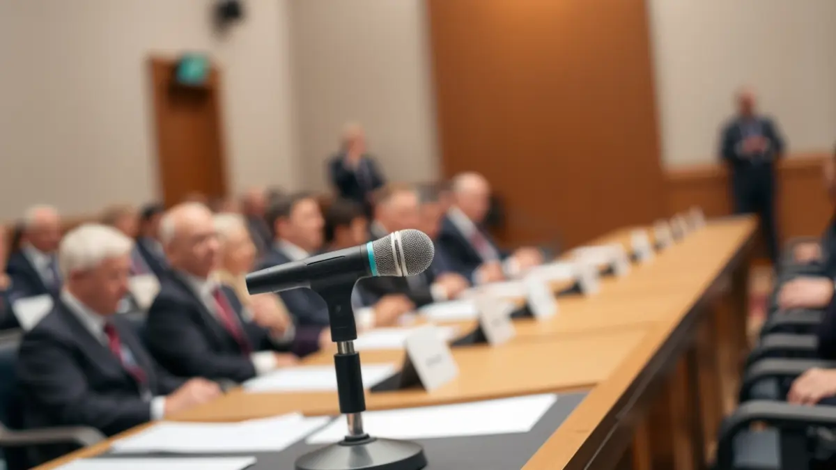 Generic image of a microphone on a podium, symbolizing a political debate or press conference.