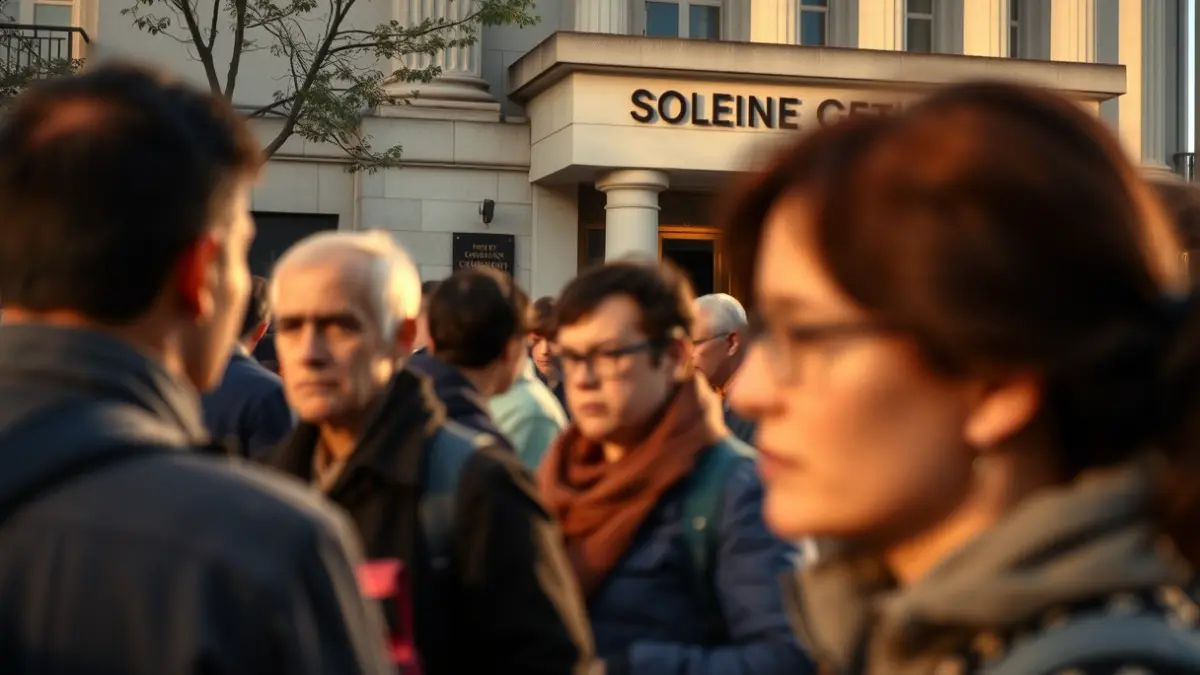 Imatge d'una cua de persones esperant fora d'un edifici governamental, amb un ambient de frustració.