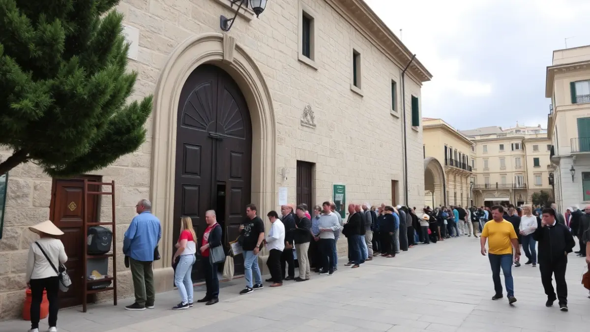 Image of a long queue of people waiting in front of an administrative building in a Mediterranean city.