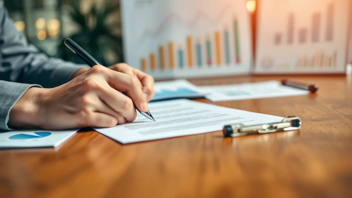 Imatge genèrica de mans signant documents en una taula, amb gràfics desenfocats al fons.