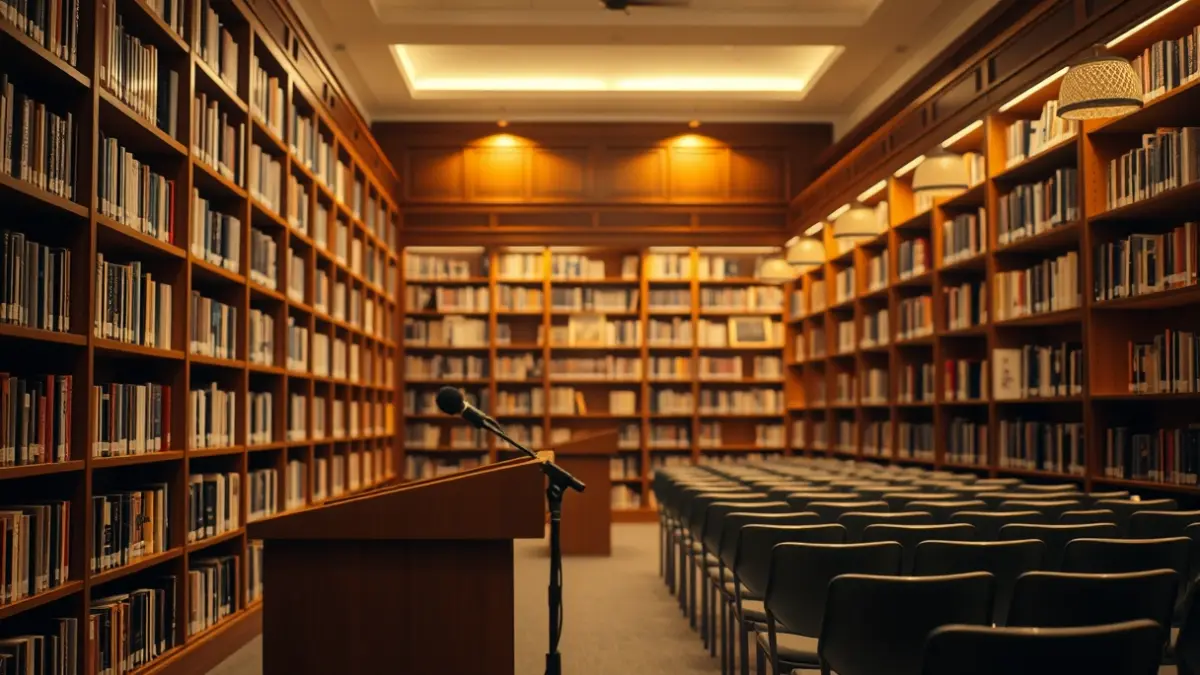 Imatge genèrica d'una biblioteca amb prestatgeries de fusta i un faristol amb micròfon, amb una atmosfera càlida de lectura.