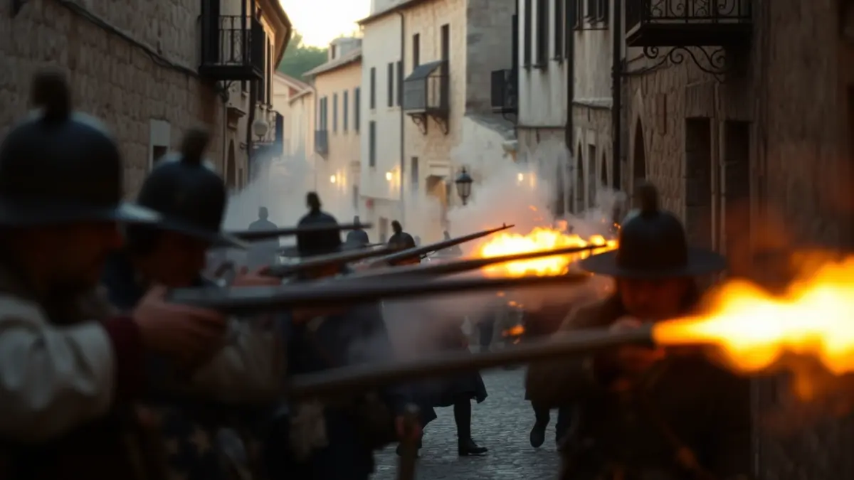 Image of a historical battle reenactment with smoke and gunfire in a narrow street of a Mediterranean town.