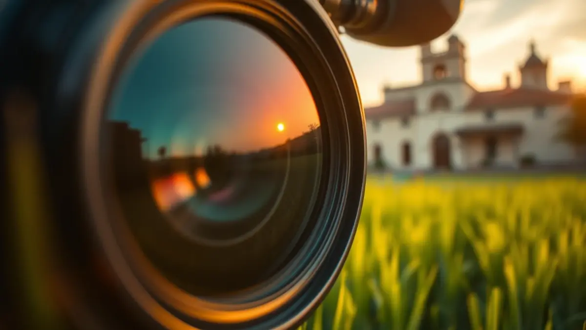 Imagen de una cámara de cine con la Albufera de fondo, representando el rodaje de la película.
