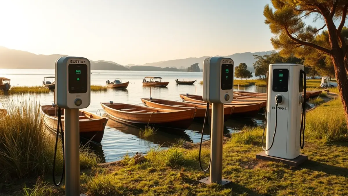 Estaciones de recarga eléctrica para barcas en un entorno natural de la Albufera, con barcas tradicionales en el lago.