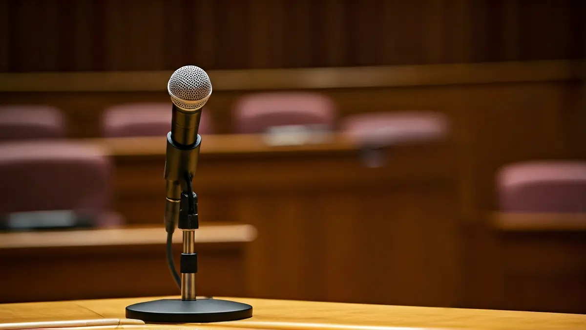 Imatge genèrica d'un micròfon en un faristol en una sala de plens municipal.